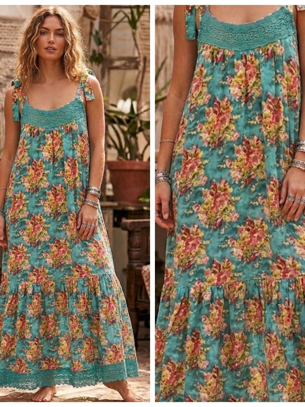 Boho Teal Floral Lace-Trim Maxi Dress